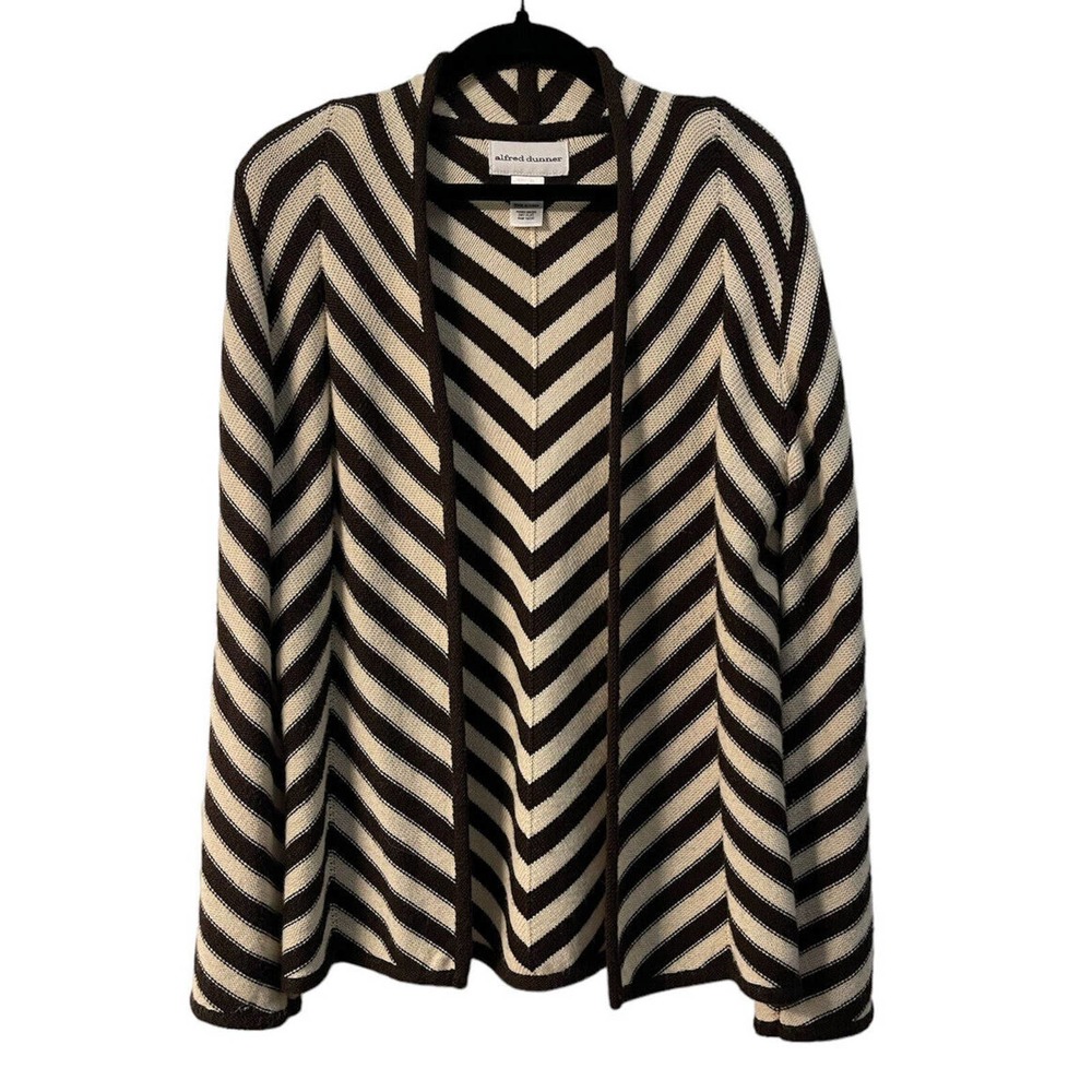 Alfred Dunner Chevron Open Cardigan Beige And Brown Size Small